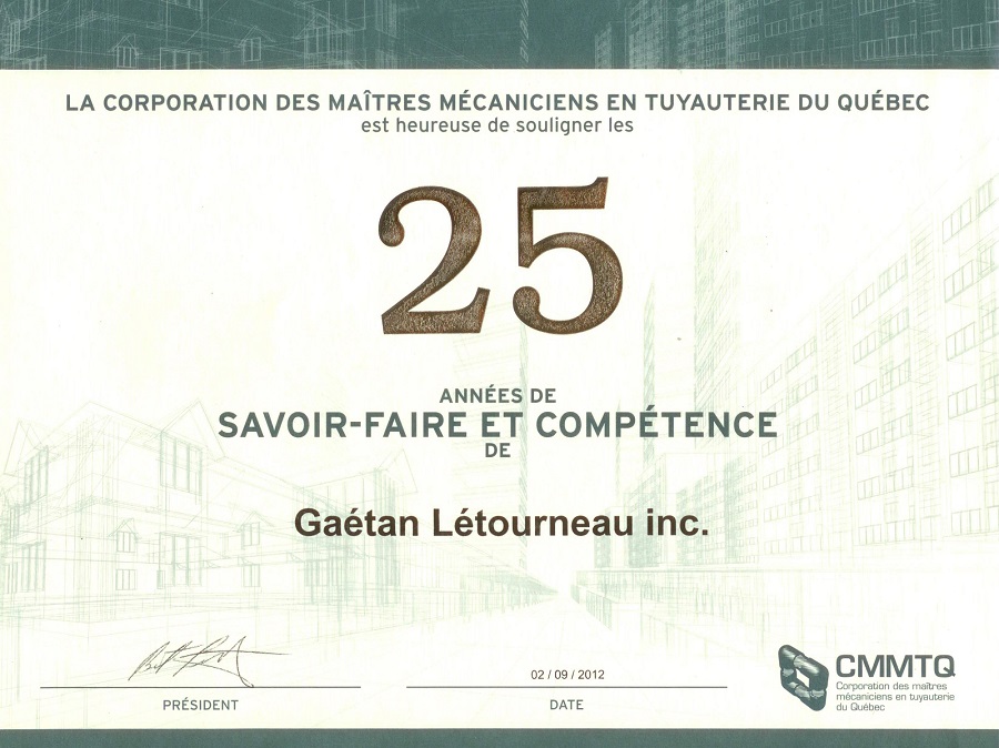 Plomberie Gaetan Létourneau, 25, 25 ans, savoir-faire, compétences, plomberie, plombier, Québec